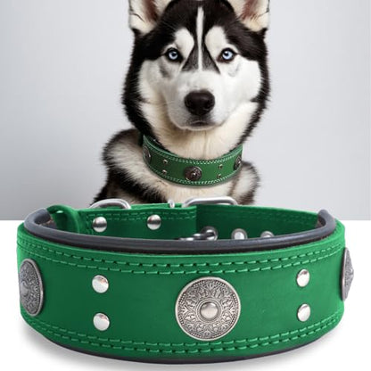 Leather Dog Collar, 2 inches Wide Heavy Duty Genuine Leather Collars, Handmade, Soft, and Luxury, Eye-catching Best Choice for Large and Medium Breed Dogs, Green 15-19 in - color: Green, size: 15-19 in