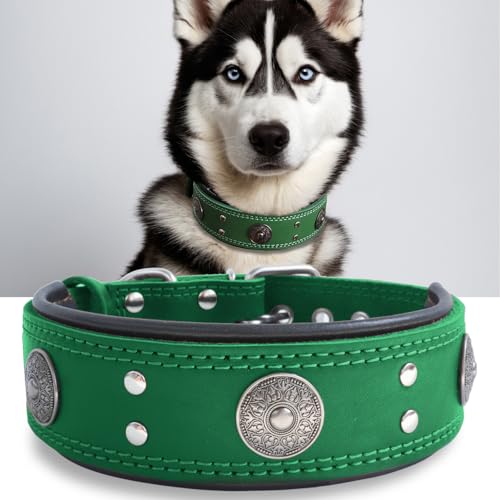 Leather Dog Collar, 2 inches Wide Heavy Duty Genuine Leather Collars, Handmade, Soft, and Luxury, Eye-catching Best Choice for Large and Medium Breed Dogs, Green 15-19 in - color: Green, size: 15-19 in