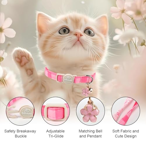 2 Pack Pink Cat Collars - Spring Summer Breakaway Cat Collar with Bell, Bow and Flower Pendant, Adjustable Kitten Collars for Girl Cats, Cute Pink Plaid &Bow - color: Pink Plaid &Bow