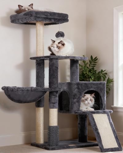 Heybly Cat Tree with Cat Self Groomer Brush, Cat Tower Condo for Indoor Cats with Padded Plush Perch, Cat House with Basket Scratching Board Post, Smoky Gray HCT005SG - color: Smoky Gray, size: 42.5 inch
