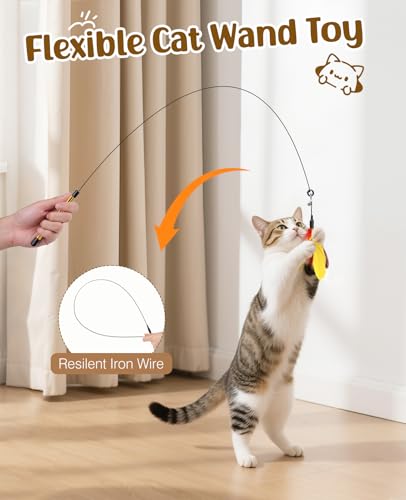 Pawaboo Feather Teaser Cat Toy, Interactive Feather Wand Cats Toy Flying Feathers Cat Catcher with Extra Long 34.5" Wand and Small Bell, Exerciser Playing Toys for Kitten or Cats, Yellow + Red Brown - color: Yellow + Red Brown