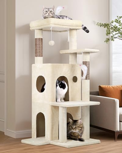 Globlazer Cat Tree Tower for Indoor Cats, 50-inch Adult Cat Tree House for Large Adult Cats with Steps, Scratching Post, 2 Cat Caves, Dangling Toys, FC50, Beige - color: Beige