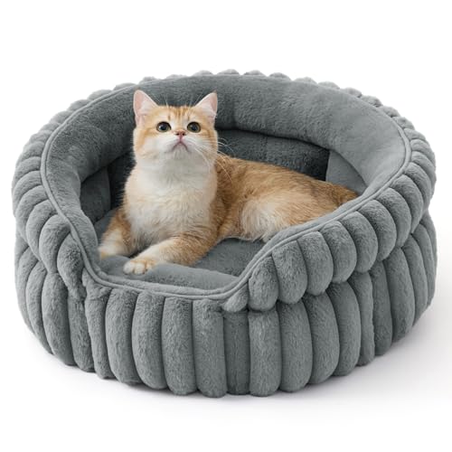Bedsure ComfyFleece™ Cat Bed, Washable Round Cute Pet Beds for Indoor Cats, Super Soft Corduroy Kitten Bed with Anti-Slip Bottom, 20''x20''x8'', Warm Gray - color: Warm Gray, size: 20''x20''x8''
