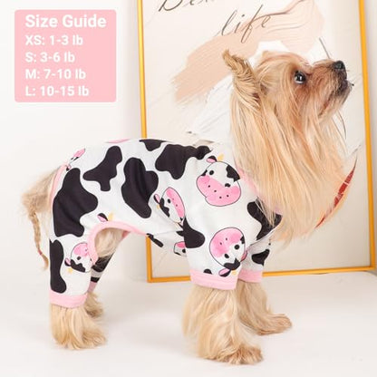 Dog Pajamas Small Sized Dogs Stretchable Summer Dog Clothes Pjs 4 Legs Girl Boy Cute Soft Puppy Outfits Doggie Cat Jammies Jumpsuit Sleeper for Pet, Pink Cow, L - color: Pink Cow, size: Large (Chest 17in )