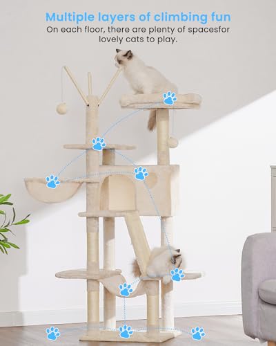 Hey-brother Cat Tree, 53 inch Cat Tower for Indoor Cats, Cat House with Padded Platform Bed, Toy Balls, Large Cozy Condo, Hammocks and Sisal Scratching Posts, Beige MPJ019-SM - color: Beige