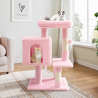 Allewie 29 Inches Cat Tree Tower/Plush Perches Platform/Condo/House/Sisal Scratching Posts/Multi-Level Activity Center Furniture for Kittens/Pink - color: Pink