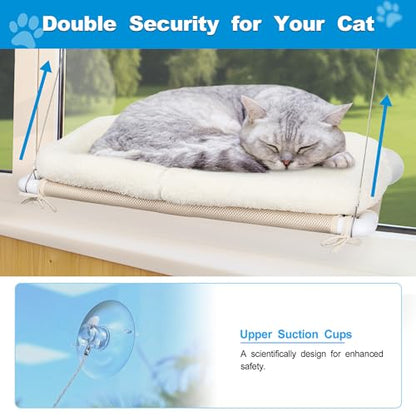 PEFUNY Fluffy Cat Window Bed for Indoor Cats – Strong Suction Cup Hammock with Breathable Mesh and Soft Cushion, Supports Large Cats