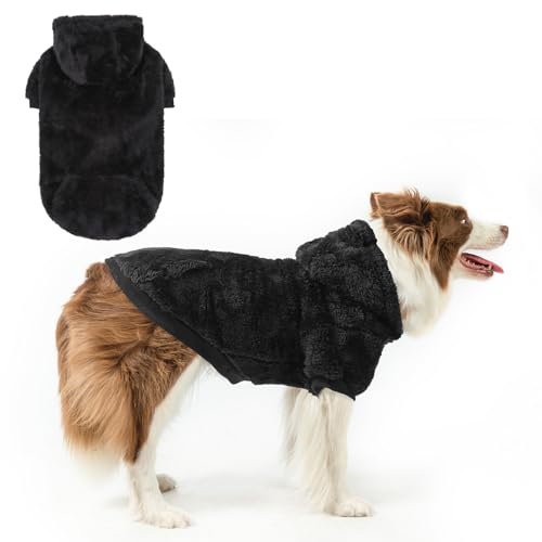 SCENEREAL Fleece Dog Sweaters Hoodie for Small Medium Large Dogs Girls Boys, Plush Fuzzy Dog Clothes Hoodies with Leash Hole, Winter/Fall Puppy Cold Weather Coat, Sherpa Hooded Sweatshirt, Black ML - color: Black, size: Medium-Large