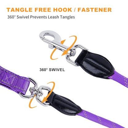 6FT Heavy Duty Dog Leash for Small Medium Large Dogs, Tangle Free Reflective Dog Training Leash with Double Handle, Seat Belt Buckle & Poop Bag Holder (Purple) - color: Purple, size: 6FT