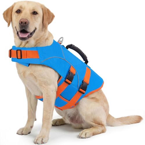 ASENKU Dog Life Jacket for Swimming & Boating, High Buoyancy Dog Life Vest with Rescue Handle, Reflective & Adjustable Fit for Small to Large Dogs (Blue, XL) - color: Blue, size: X-large