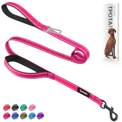 6 Foot Fuchsia Dog Leashes for Large Medium and Small Breed Dogs That Pull,Reflective Nylon Heavy Duty Dog Leash with 2 Comfortable Padded Traffic Handles and Car Seat Belt for Walking and Training - color: Fuchsia