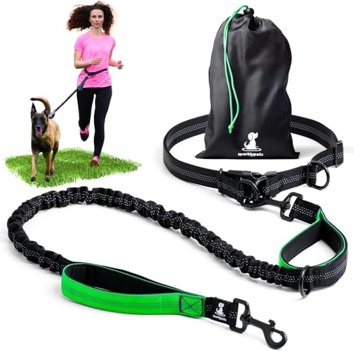SparklyPets - Hands Free Dog Leash with Reflective Stitches - Waist Leash for Dog Walking, Hiking, Training, Jogging, Canicross, Running - for Medium & Large Breeds - color: Green, size: 1 dog M/L