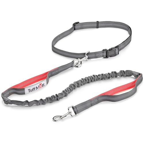 Tuff Mutt Hands Free Dog Leash for Walking Running Hiking, Waist Leash with Bungee, Adjustable Belt, Reflective Double Handle Design for Large Medium Dogs - color: gray/coral