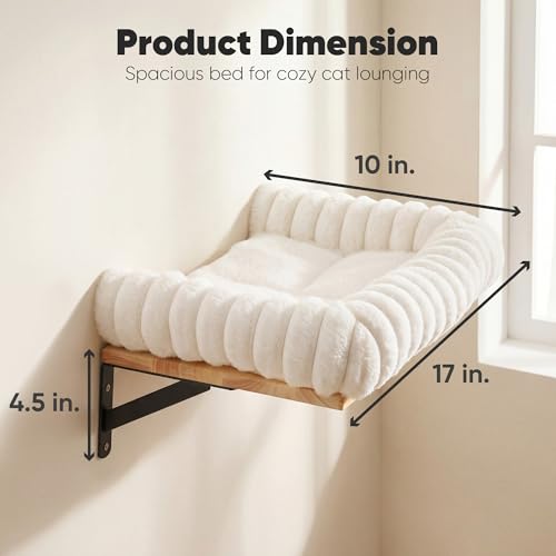 FUKUMARU Cat Wall Shelves, Cat Walls Furniture with Soft Bed, Solid Rubber Wood Floating Shelf, Kitten Window Perch for Sleeping, Playing and Scratching