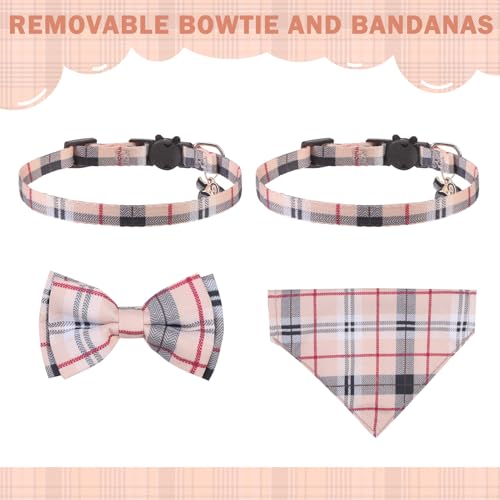 SCENEREAL Plaid Cat Collar with Bow Bandana - 2 Pack Breakaway Kitten Collar with Removable Bowtie Bell, Adjustable Cute Cat Collar for Cats Kittens, Beige - color: Bandanas & Bow (Plaid - Beige)