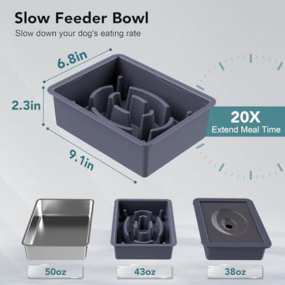 UPSKY 3-in-1 Elevated Dog Bowls Slow Feeder, Adjustable Stand, Stainless Steel Food & No Spill Pet Water Bowl for Small Medium Dogs, Blue - color: F-3 in 1 Blue