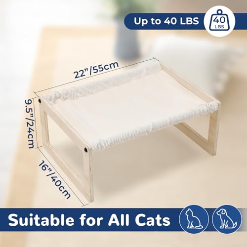 Cat Bed with Washable Pad - 9.5" Elevated Wooden Cat Hammock Bed, 360° View Design, Cot with Breathable Summer Mattress for Kitty, Puppy, Rabbit and All Pets - color: Cream Color (Thin)