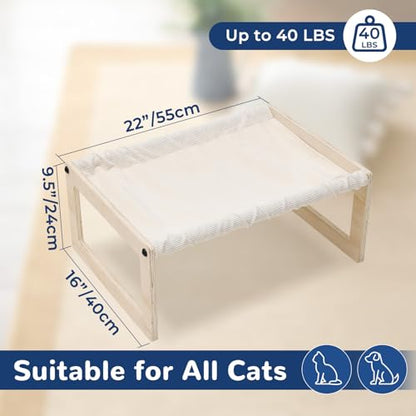 Cat Bed with Washable Pad - 9.5" Elevated Wooden Cat Hammock Bed, 360° View Design, Cot with Breathable Summer Mattress for Kitty, Puppy, Rabbit and All Pets - color: Cream Color (Thin)