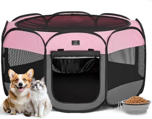 Dog Playpen for Small Dogs & Puppies, 40.55" Portable Indoor Outdoor Puppy Playpen with Bowl, Waterproof Floor, Foldable Pop-Up Pet Pen for Home, Travel & Daily Use, Pink+Grey - color: Pink+Grey, size: M(40.55"x40.55"x20.5")