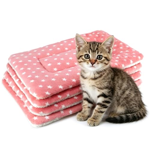 4 Pack Cat Bed Mat, 19" x 13" Soft Fluffy Flannel Small Pet Blanket, Washable Sleeping Pad for Indoor Cats, Kittens, Puppies, Star Print - Grey - color: Pink, size: 19x13 Inch