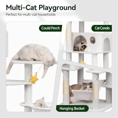 Meecal 79in Tall Cat Tower for Heavy Duty Big Cats, Large Cat Tree with Scratching Post, Plush Perches, Cozy Cat Condos & Hanging Hammocks for Maine Coon, White - color: White