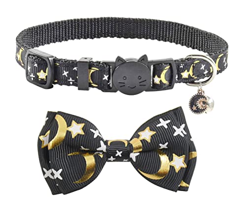 Bowtie Cat Collars Breakaway with Bell, Adjustable Cute Kitty Collars Safety Buckle Kitten Collar for Cat Puppy 7.5-11in (Black Moon) - color: Black Moon