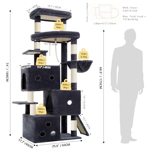 Heybly Cat Tree, 74-Inch Streamlined Cat Tower for Large Cats with 3-Tier Stacked Condos, Cat Furniture with Large Perch, Sturdy Base, Full Sisal Scratching Posts & Ramp, Smoky Gray HCT061G - color: Smoky Gray