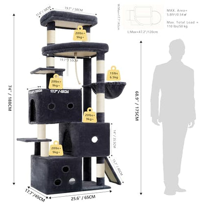 Heybly Cat Tree, 74-Inch Streamlined Cat Tower for Large Cats with 3-Tier Stacked Condos, Cat Furniture with Large Perch, Sturdy Base, Full Sisal Scratching Posts & Ramp, Smoky Gray HCT061G - color: Smoky Gray