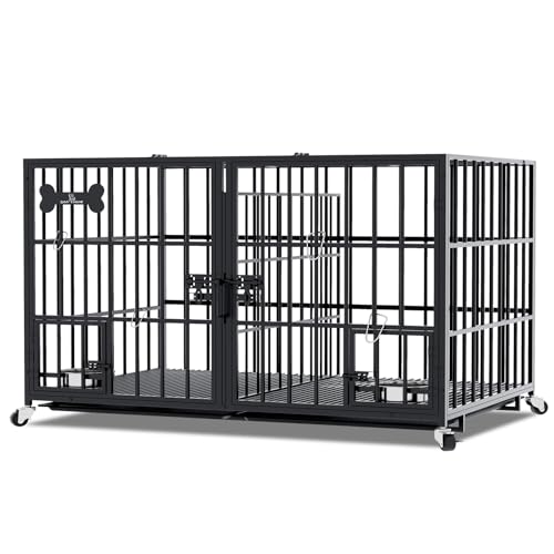 Dosker 54 inch XL Dog Crate for Large Dog/Double Medium Dogs,Heavy Duty Metal Dog Cages,All Metal Open Top Stackable,Dog Kennel Indoor with Wheels,Floor Grid, Tray, Divider and Feeding Bowl - color: Black, size: 54"inch