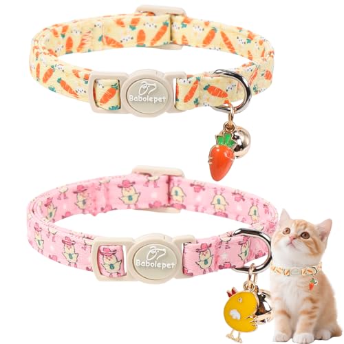 2 Pack Easter Cat Collars - Playful Chick & Carrot Easter Breakaway Cat Collar with Bell & Matching Pendant, Adjustable Spring Holiday Pink Yellow Kitten Collars for Boy Girl Cats - color: Chick&Carrot