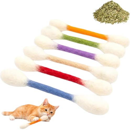 Cotton Swabs Cat Toys with Catnip 6 Pack, Durable Big Kitten Chew Sticks, Dental Teething Ropes, Giant Interactive Felt Kitty Kicker Toys for Boredom (Mix)