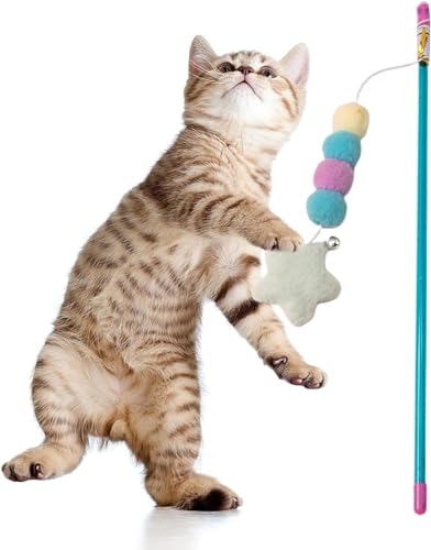 Cat Teaser Wand Toy with Plush Ball, Pink Elastic Rope, Star Pendant, Handmade Interactive Kitten Mice and Animals Toy