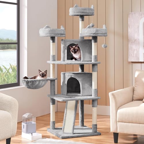 Yaheetech | 68.5in Cat Tree | for Large Cats | Multi-Level Cat Tower with 3 Wide Perches, Large Condo | Stable Pet Play House w/Sisal-Covered Scratching Posts & Board | Light Gray - color: Light Gray, size: 68.5in