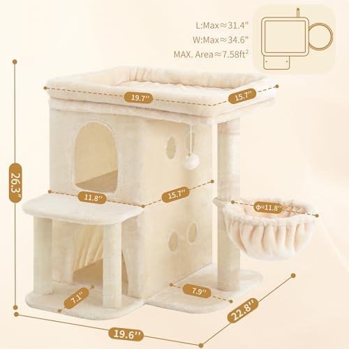 Heybly Cat Tree, 26.3-inch Cat Tower with Spacious Top Perch for Large Cats, Stair-Style Cat House Furniture with Dual-Layer Condos, Sisal Scratching Posts, Cozy Basket & Pompom, Beige HCT204SM - color: Beige, size: 26.3 inch