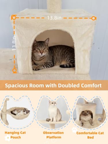 Cat Tree 60.63 inches Cat Tower for Indoor Cats, Multi-Level Cat Condo Furniture with Scratching Posts, Plush Perches, Activity Center with Cozy Basket & Hammock for Cats(Beige) - color: Beige