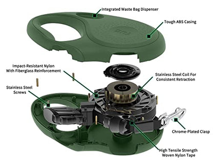 TUG Oval 360° Tangle-Free Retractable Dog Leash with Integrated Waste Bag Dispenser (Medium, Green) - color: Green, size: Medium