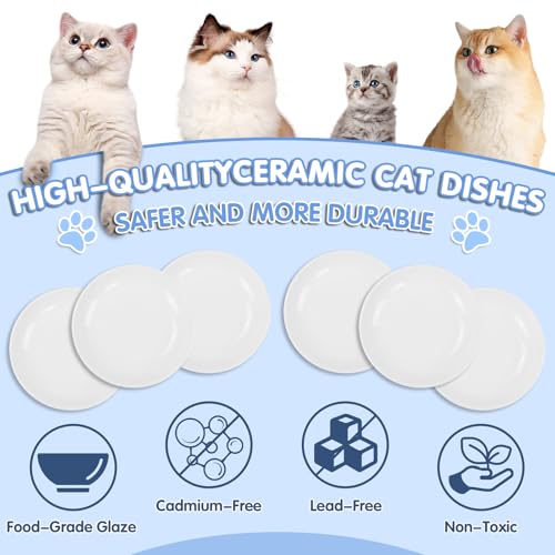 6 Pack Cat Food Bowl, Ceramic Cat Bowls, Anti Whisker Fatigue Cats Bowl Set,5.5 Inches Shallow Wide Kitten Plates for Food and Water (White-C) - color: White