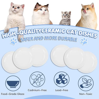 6 Pack Cat Food Bowl, Ceramic Cat Bowls, Anti Whisker Fatigue Cats Bowl Set,5.5 Inches Shallow Wide Kitten Plates for Food and Water (White-C) - color: White
