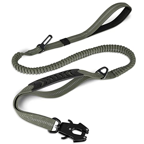 Joytale Tactical Dog Leash Heavy Duty, 4-6FT Shock Absorbing Bungee Lead with 2 Padded Handle, Metal Carabiner Clip, Car Seatbelt, Strong No Pull Leash for Medium Large X-Large Dogs, Army Green - color: Army Green