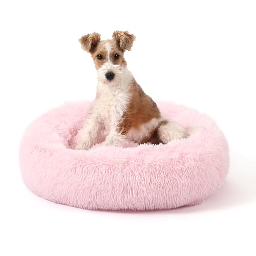 Calming Donut Dog Bed for Small to Medium Dogs & Cats - Plush Faux Fur Anti-Anxiety Pet Bed with Machine Washable Cover & Non-Slip Base - color: Light Pink, size: Small 19.6''