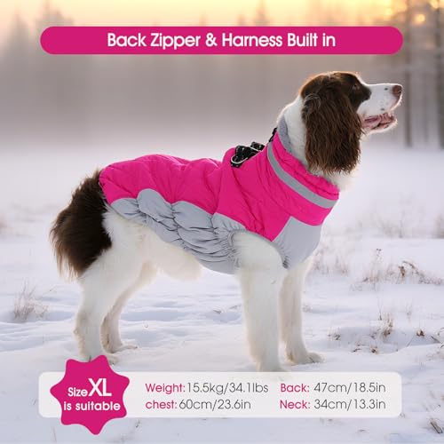 FUAMEY Dog Coat for Small Dogs,Waterproof Dog Winter Jacket with Harness Built in Puppy Cold Weather Coats Reflective Pet Vest with Zipper Warm Fleece Dogs Snowsuit Windproof Pink XS - color: Rose Red, size: XS(chest:14in)