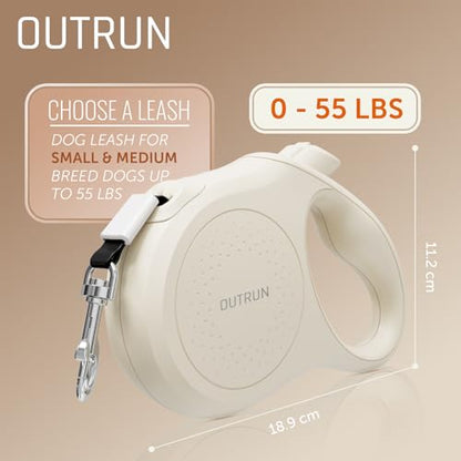 OUTRUN Retractable Dog Leash 16.5 FT Walking Leash up to 55 lb, Strong Nylon Tape No Tangle, Heavy Duty One-Handed Brake Lock Perfect for Small & Medium Sized Dogs and Pets - color: Cream White
