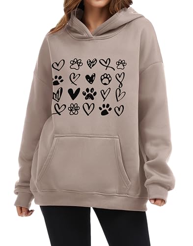 Womens Dog Paw Hoodie-Long Sleeve Pullover Fleece Lined Dog Mom Sweatshirts with Pocket - color: A-grey Brown, size: Small