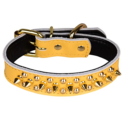 Spiked Studded Dog Collar, Soft Genuine Leather Dog Collar, Adjustable Dog Collars for Small Medium Large Dogs Breeds Pit Bull (S fit Neck 10.5-13", Yellow) - color: Yellow, size: S fit Neck 10.5-13"