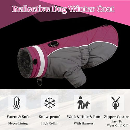 Dog Coat with Harness, Warm Dog Winter Coat Waterproof Dog Cold Weather Jacket Padded Dog Fleece Vest for Small Medium Large Dogs, Reflective High Collar Dog Winter Snowsuit Coat, Rose Red 2XL - size: XX-Large