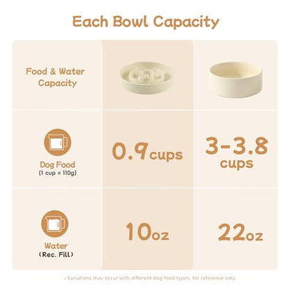 Havniva 6.1” Raised Slow Feeder Dog Bowls Set, 0.9 Cups Ceramic Slow Feeder Dog Bowl and 6.1” Dog Water Bowl with Elevated Wooden Stand Puzzle Dog Food Bowl for Small Dogs Anti-Gulping & Anti-Choking - color: 2 x Light Yellow+Stand-A, size: 6.1inch-New