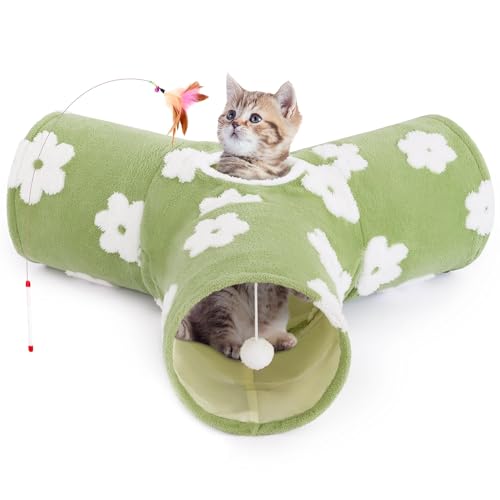 Tempcore Flannel Pet Cat Tunnel Tube Cat Toys 3 Way Collapsible, Cat Tunnels for Indoor Cats，Kitty Tunnel Bored Pet Toys Peek Hole Toy Ball Puppy, Kitty, Kitten, Rabbit Daisy Green - color: 3-Way Daisy Green, size: 3-way