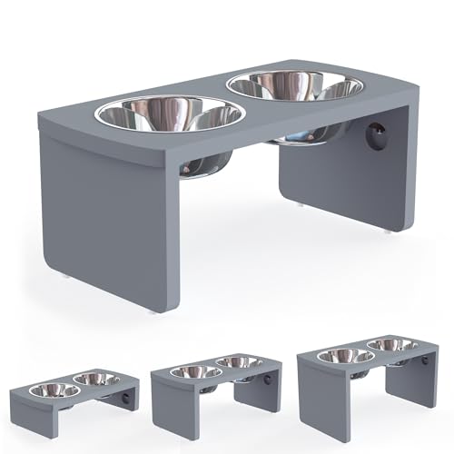 Elevated Dog Bowls, Bamboo Raised Dog Bowl for Medium Dogs, with 2 Stainless Steel Bowls (7'' Tall-40 oz Bowl, Grey) - color: Grey, size: Medium: 7'' Tall-40oz Bowl