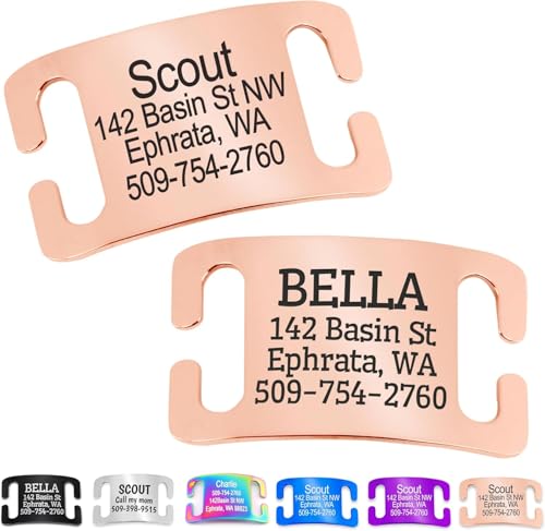 GoTags Slide-On Pet ID Tag, Curved Personalized Dog and Cat, Silent, No Noise Stainless Steel, Custom Engraved in 4 Sizes for Large and Small Pets, Rose Gold - color: Rose Gold