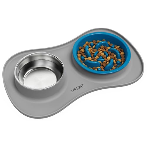 YINEYA 3 in 1 Slow Feeder Dog Bowls & Stainless Steel Food and Water Bowl with Non-Spill Dog Bowl Mat, Anti-Choking Puppy Bowls, Floor Safe & Easy Clean for Large Medium Small Dogs Cats - color: Gray, size: Small